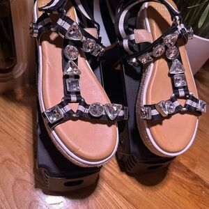 Gianni Bini Black and Tan embellished platform Sandal with Striped Straps